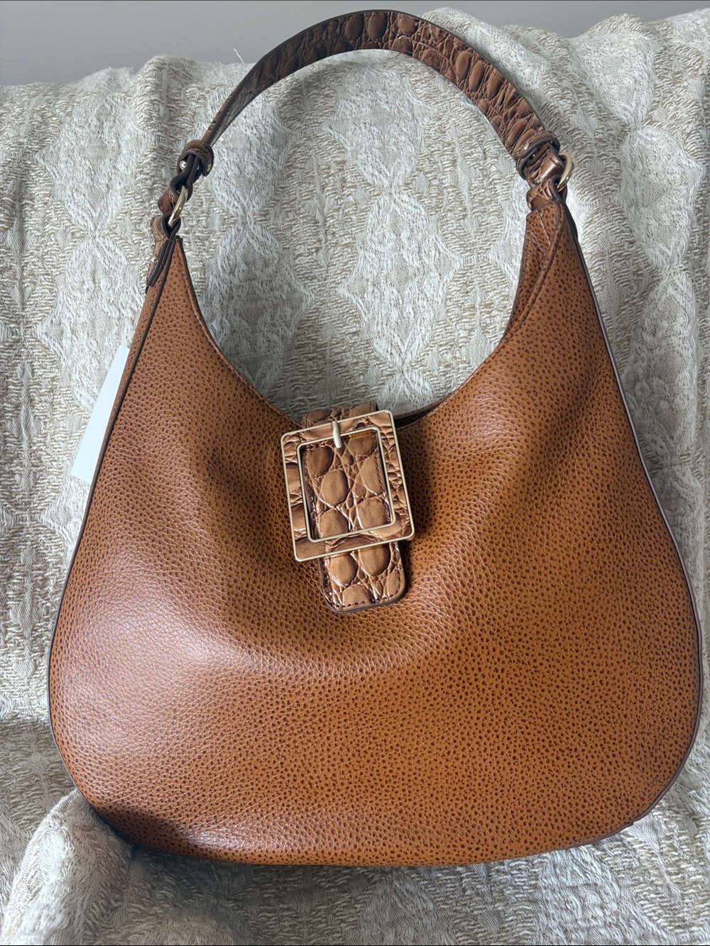 Brahmin Cognac Pebbled Leather Hobo with Croc-Trim Buckle